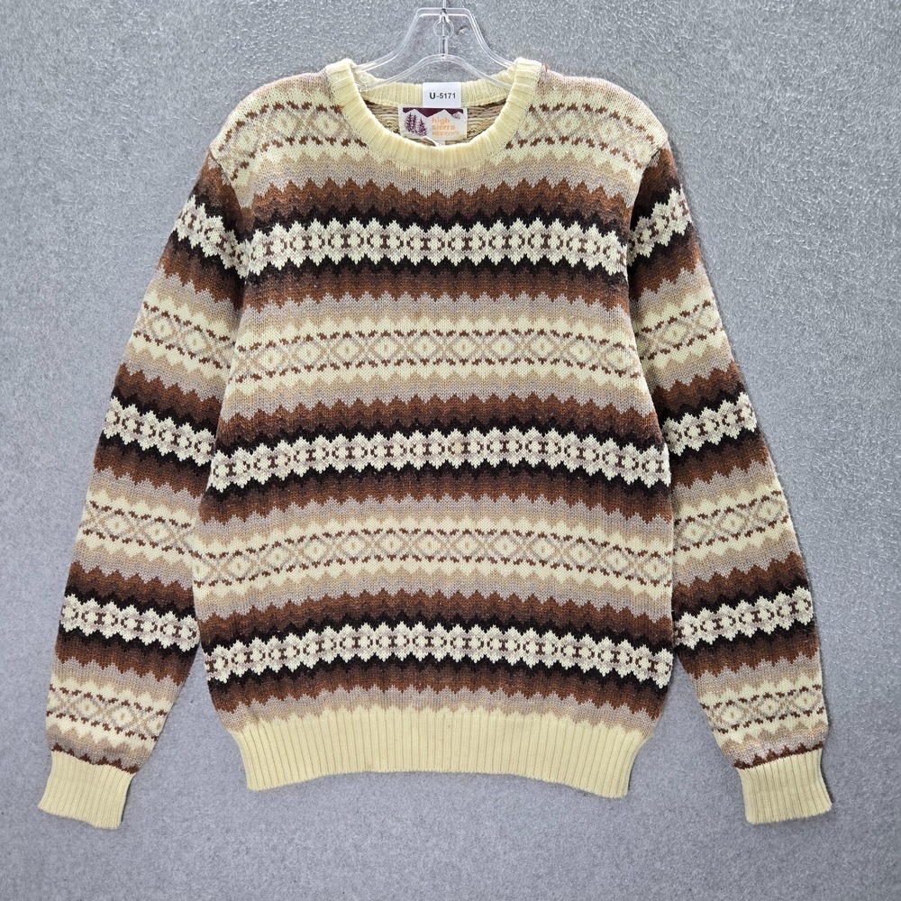 VINTAGE High Sierra Men Sweater Large Beige Fair Isle Crew Neck Long‎ Sleeve